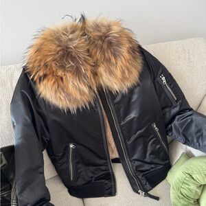 Mackage Black Bomber Jacket with Brown Faux Fur Collar